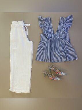 Italian Wide Leg Linen Pant, White, Sz. Sm/Med w/ Elastic waist by Linen & Moore